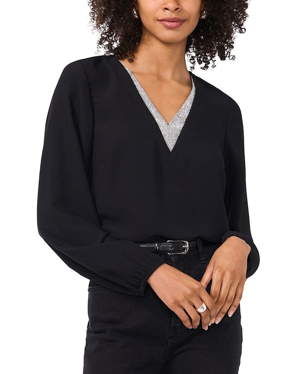 Vince Camuto Women's Embellished-V-Neck Long Sleeve Top Black Size XL 4121